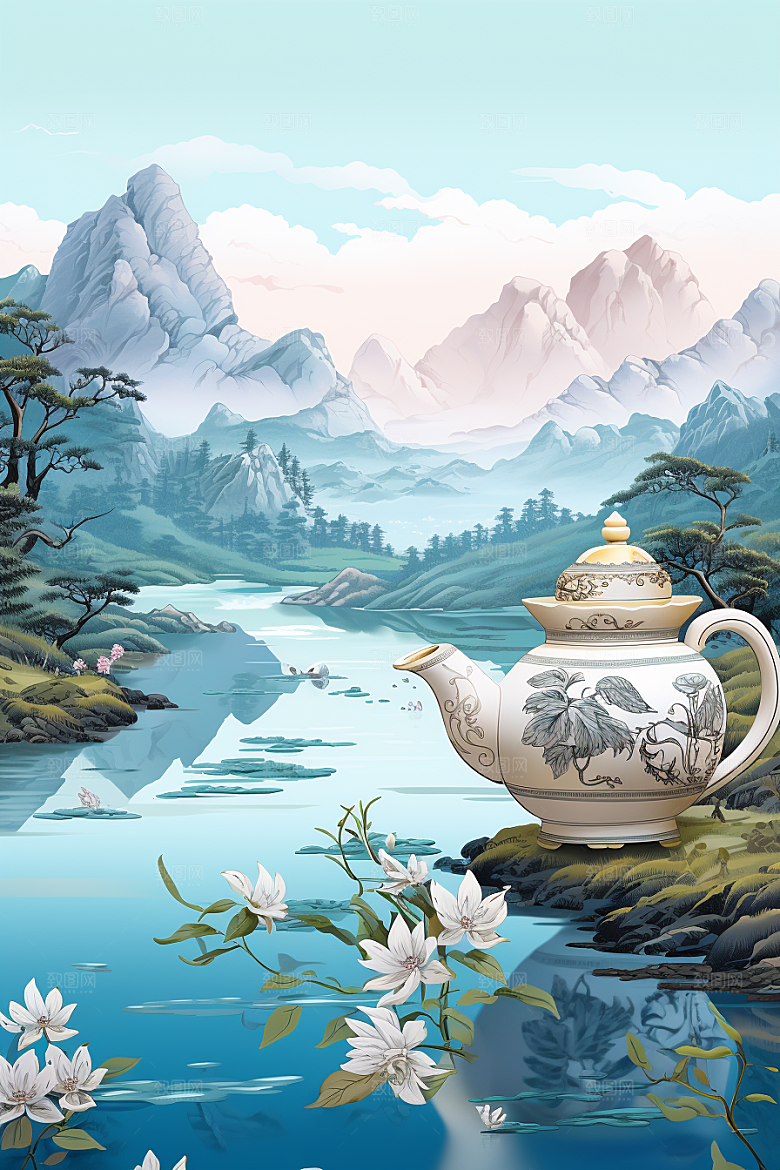 茶壶山水国画手绘插画