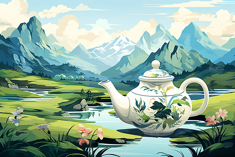 茶壶山水国画水墨插画