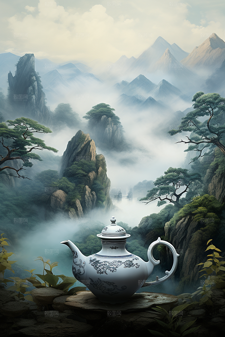 茶壶山水风景水墨插画
