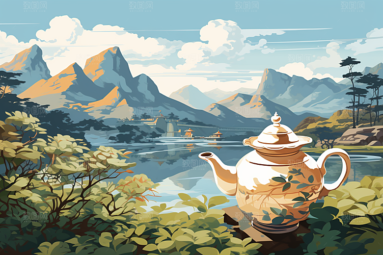 茶壶山水中国风写实艺术插画