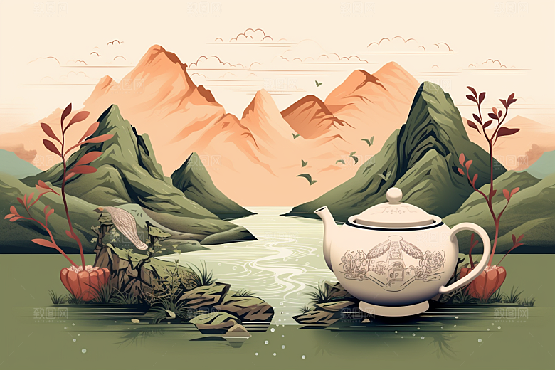 茶壶山水国画写实艺术插画