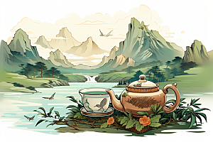 茶壶山水水墨国画插画