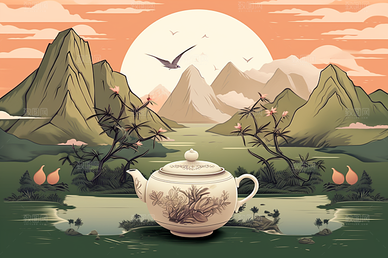 茶壶山水国画中国风插画