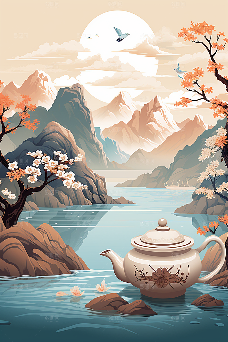 茶壶山水水墨手绘插画