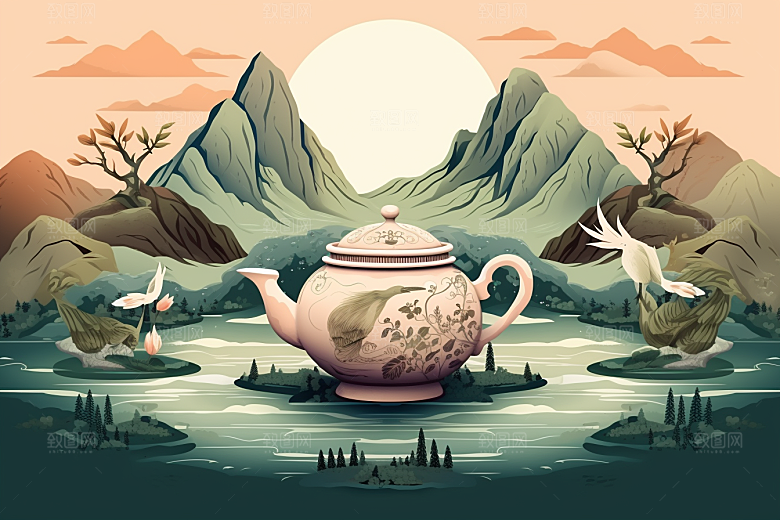 茶壶山水风景写实艺术插画