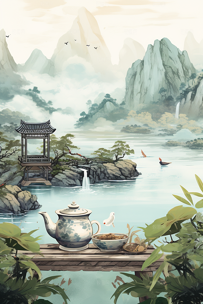 茶壶山水中国风国画插画