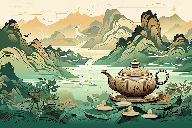 茶壶山水写实艺术中国风插画