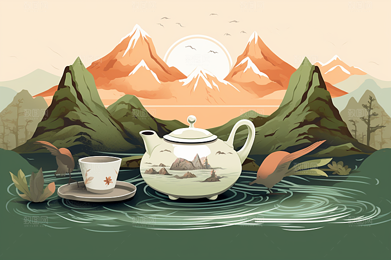 茶壶山水中国风水墨插画
