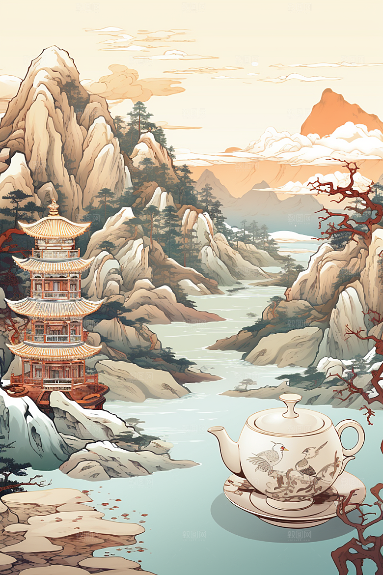 茶壶山水国画水墨插画