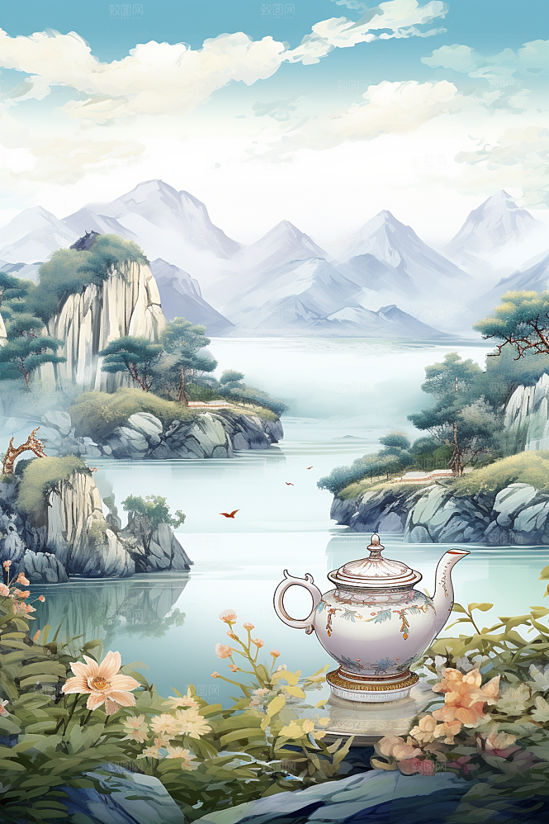 茶壶山水水墨手绘插画