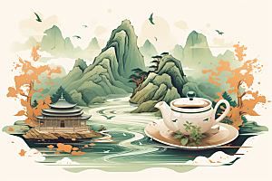 茶壶山水中国风手绘插画