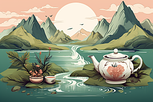 茶壶山水水墨手绘插画