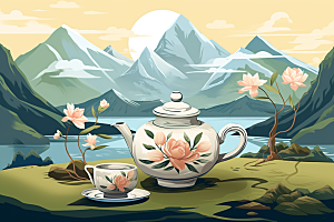 茶壶山水手绘国画插画