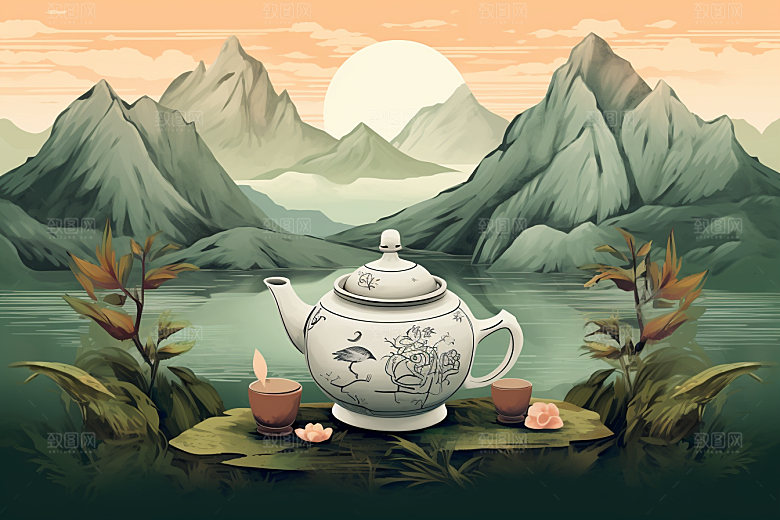 茶壶山水手绘水墨插画
