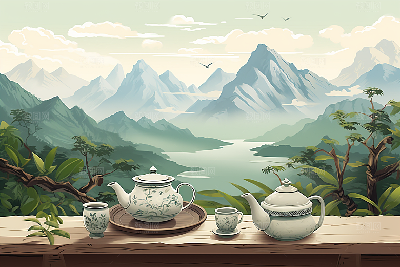 茶壶山水写实艺术风景插画