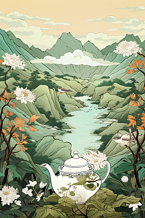 茶壶山水国画水墨插画