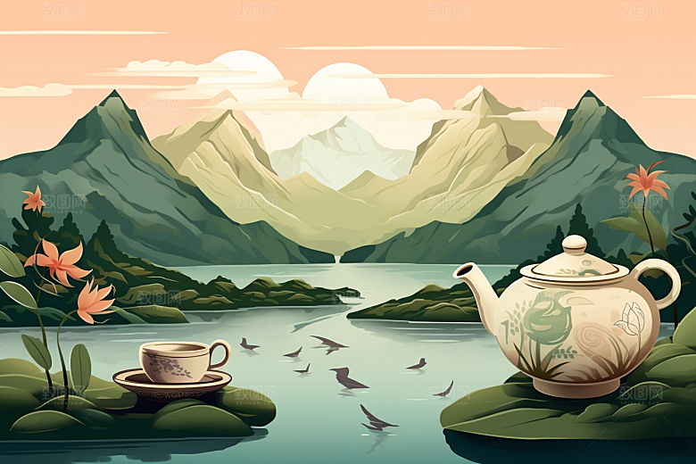 茶壶山水手绘中国风插画