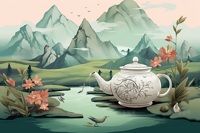 茶壶山水风景国画插画