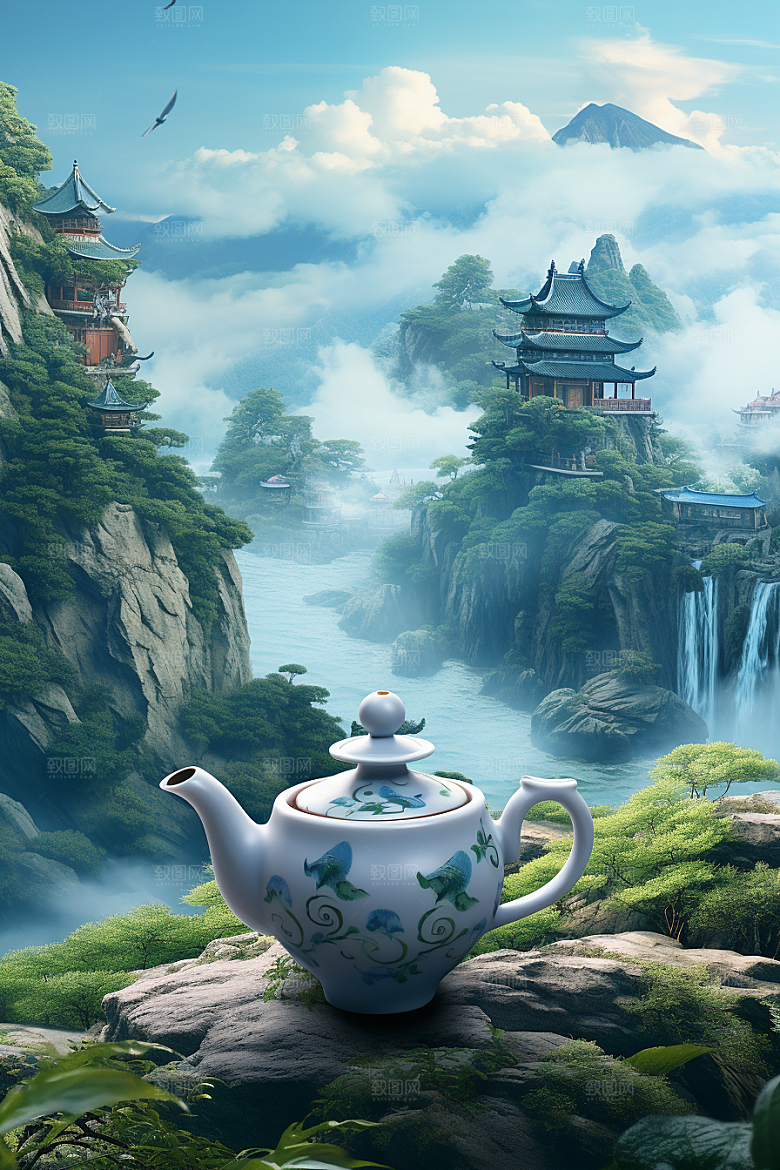 茶壶山水风景手绘插画