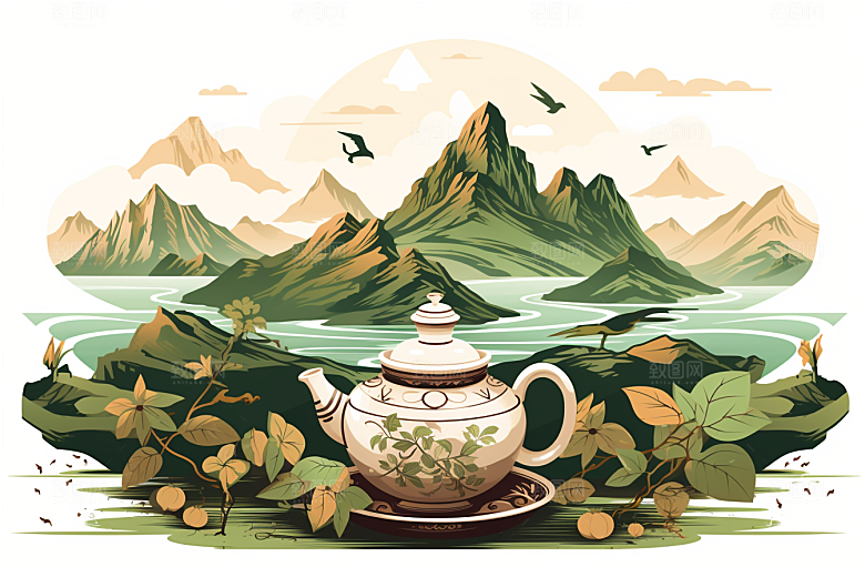 茶壶山水中国风写实艺术插画