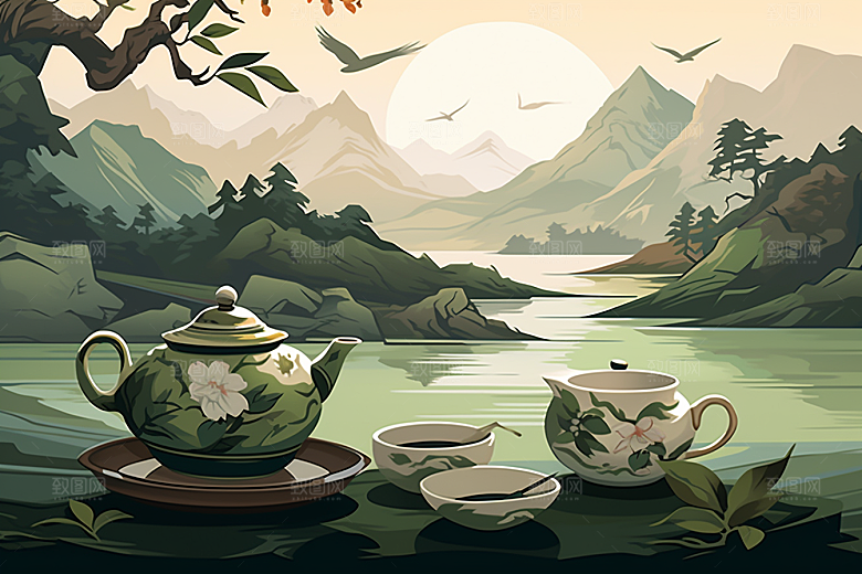 茶壶山水中国风写实艺术插画