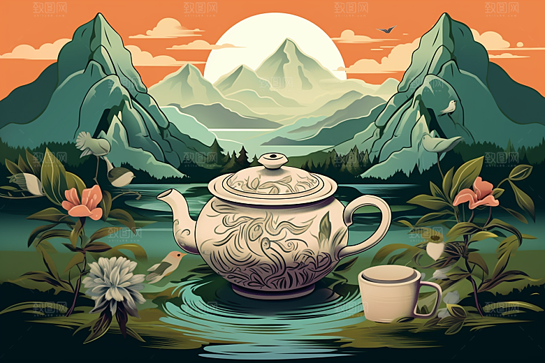 茶壶山水手绘写实艺术插画