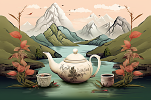 茶壶山水手绘写实艺术插画