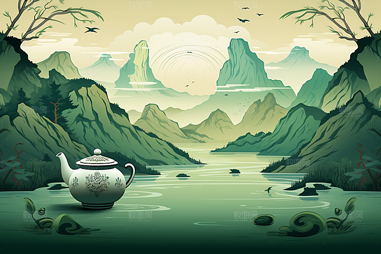 茶壶山水中国风水墨插画