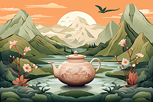 茶壶山水中国风国画插画