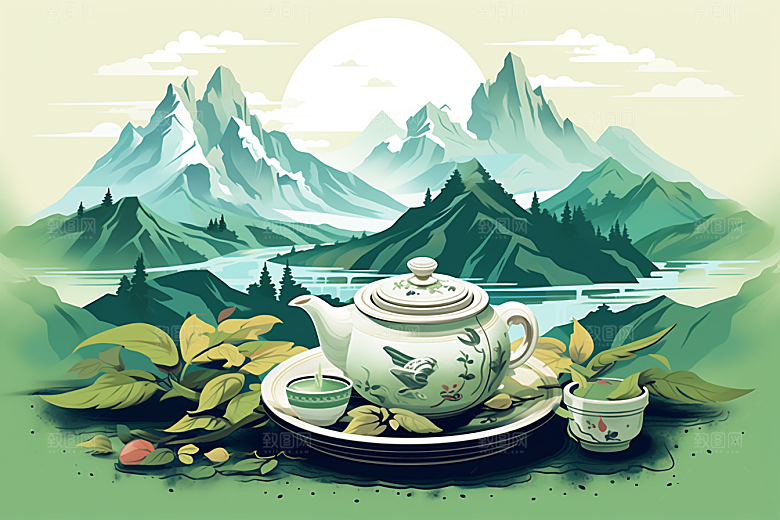 茶壶山水手绘风景插画