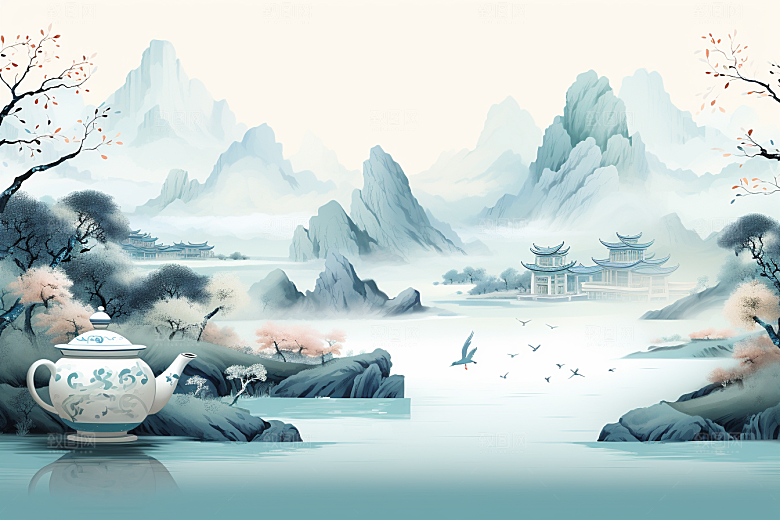 茶壶山水风景手绘插画