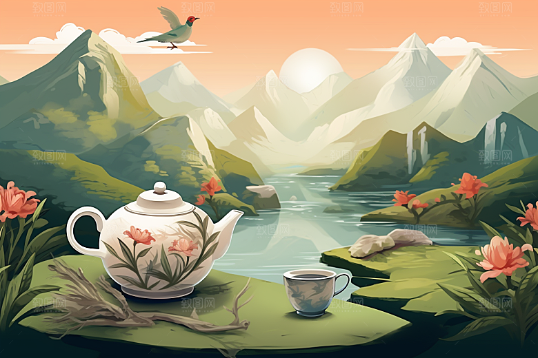 茶壶山水风景水墨插画