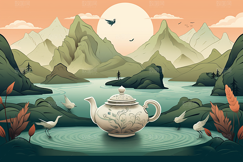 茶壶山水中国风国画插画