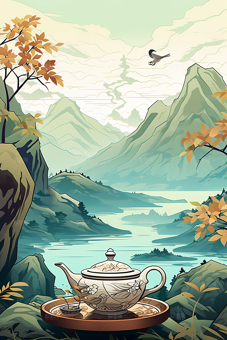 茶壶山水国画中国风插画