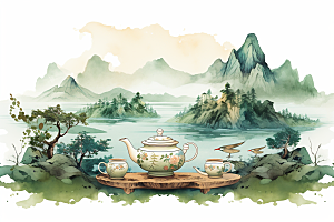 茶壶山水水墨写实艺术插画