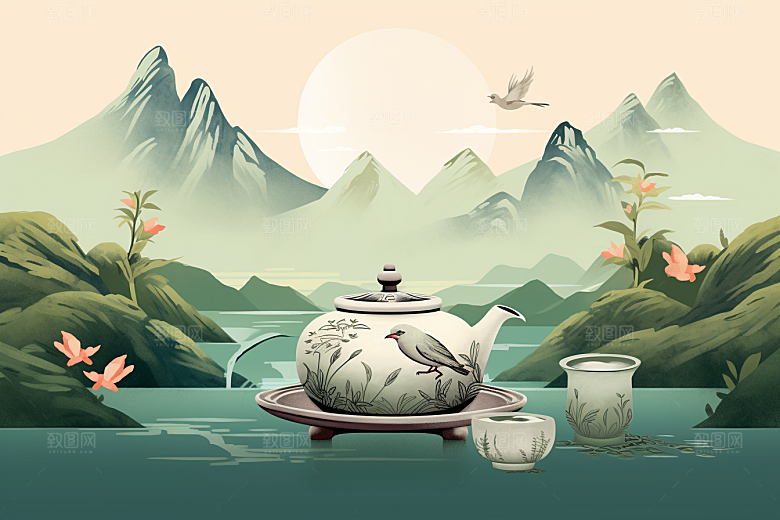 茶壶山水风景写实艺术插画
