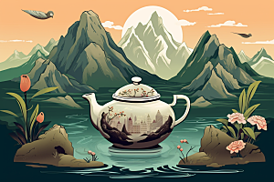 茶壶山水水墨风景插画
