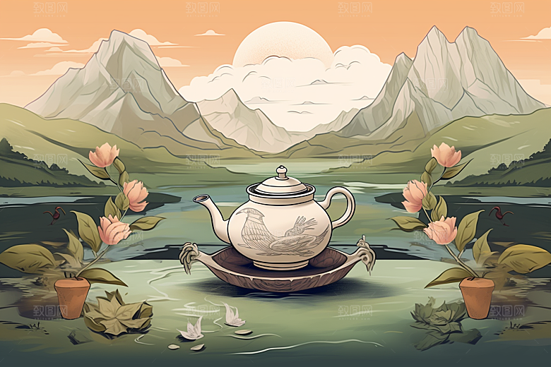 茶壶山水中国风国画插画