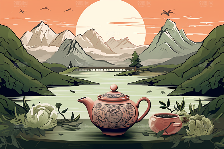 茶壶山水水墨风景插画