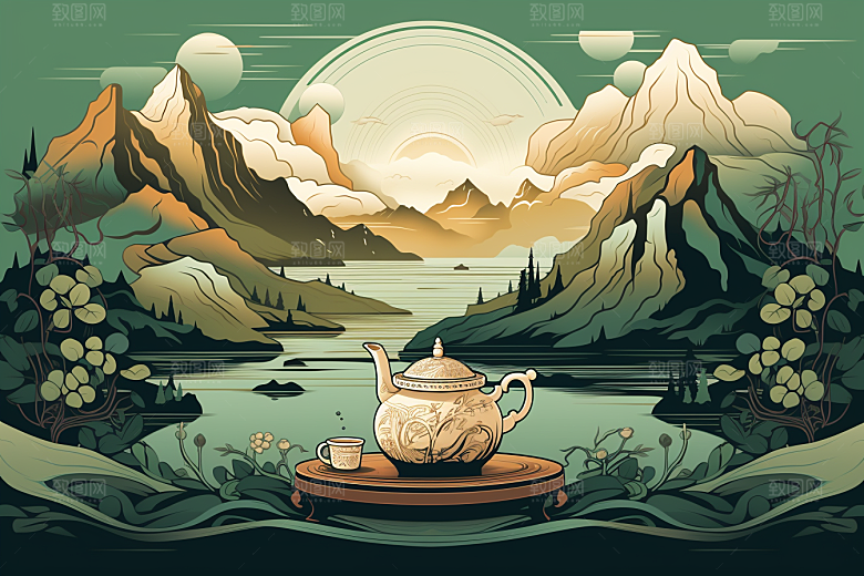 茶壶山水中国风风景插画