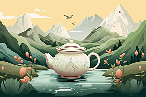 茶壶山水水墨风景插画