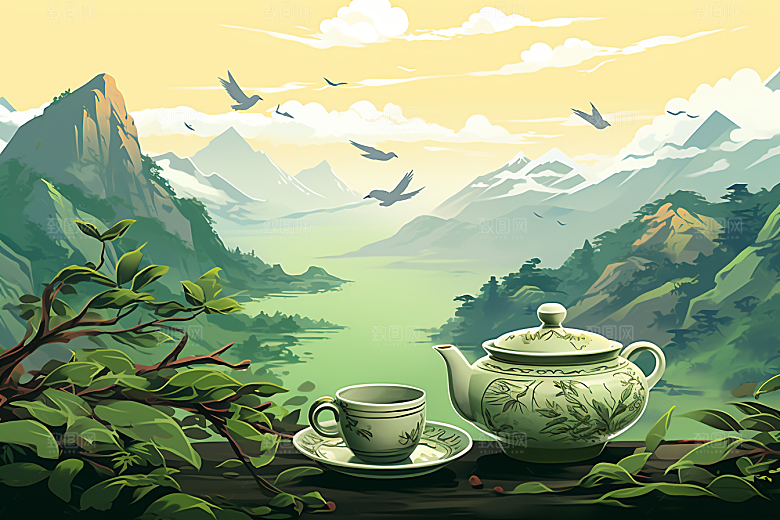 茶壶山水中国风水墨插画