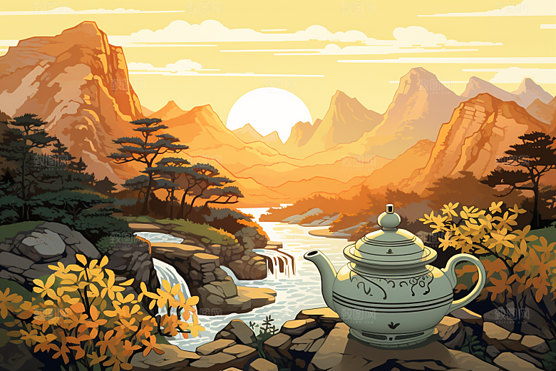 茶壶山水水墨手绘插画