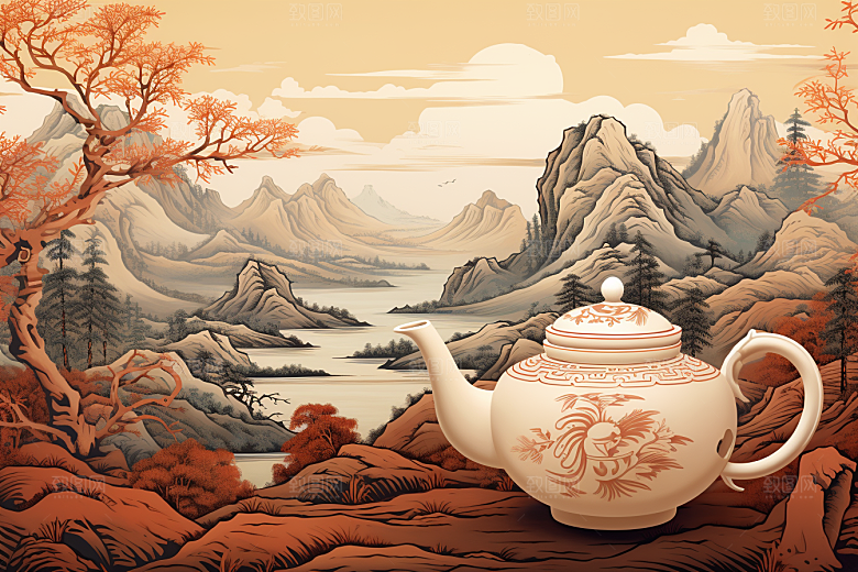 茶壶山水手绘写实艺术插画