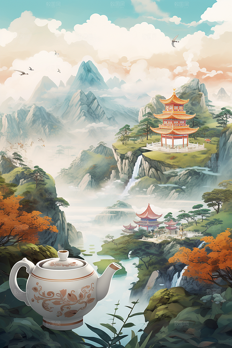 茶壶山水水墨中国风插画
