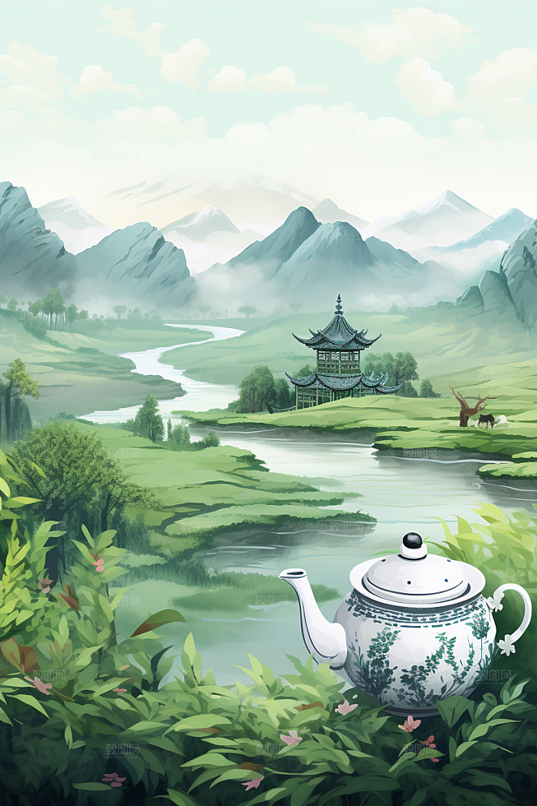 茶壶山水手绘国画插画
