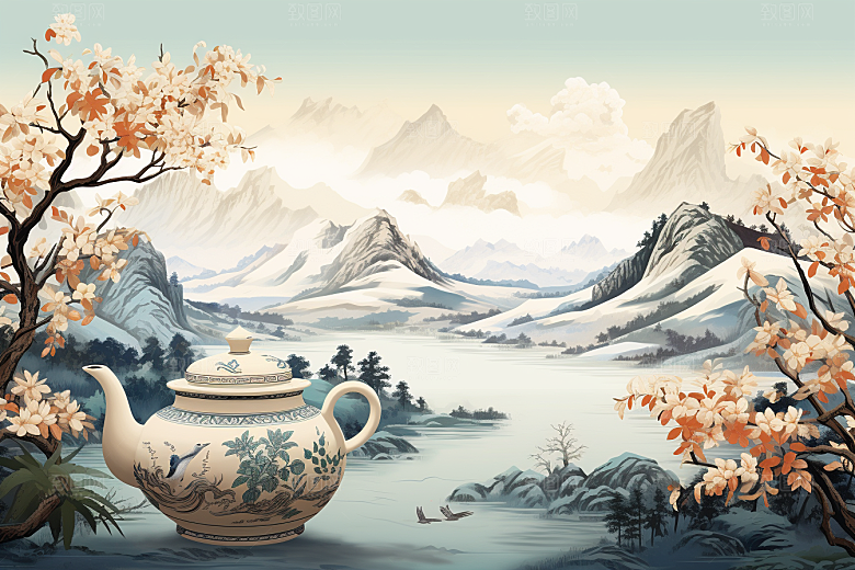 茶壶山水风景手绘插画