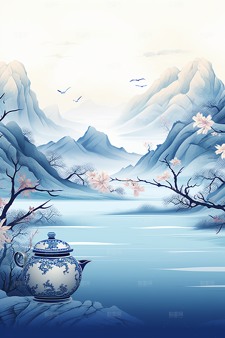 茶壶山水手绘水墨插画
