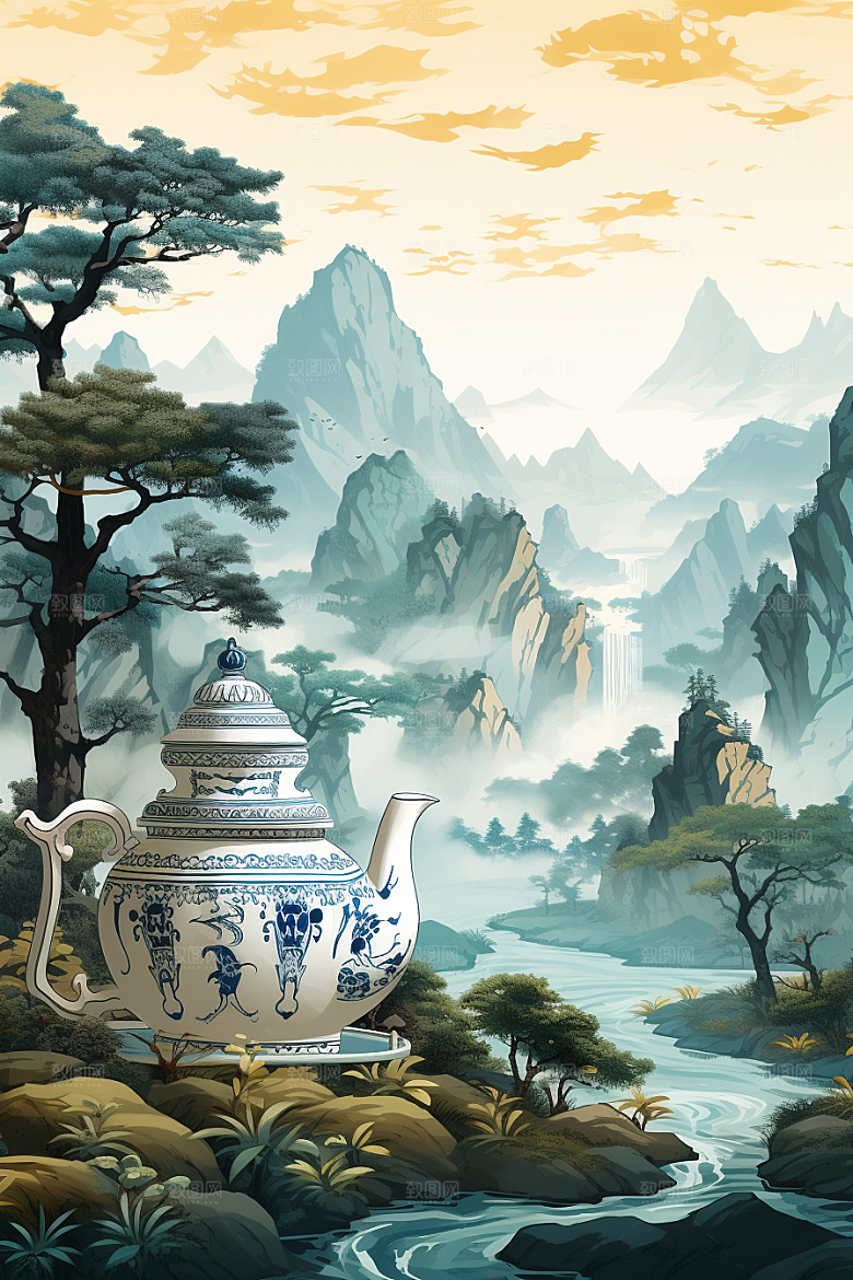 茶壶山水中国风水墨插画