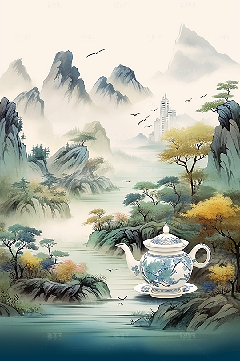 茶壶山水手绘国画插画